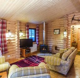 A living room with sofas a television and a fireplace at Wilderness Lodge in Stiperstones