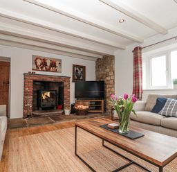 A living room with a fireplace and sofa at Wold Cottage in Hunmanby
