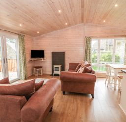 A living room with brown sofas a small TV near a fireplace and a dining table by large windows at Thorntree Lodge in Rowsley