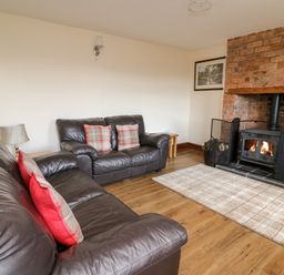 A living room with two leather sofas a fireplace with firewood and a rug at Green Cottage in Pant-y-Dwr near Rhayader