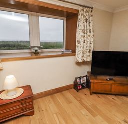 A living room with a television and lamp at Long Cart Cottage in Embleton
