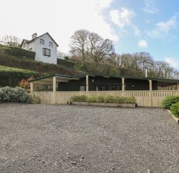 A gravel driveway leading to a modern house with a wooden fence and shrubs at Y Felin - Moana in Borth near Aberystwyth