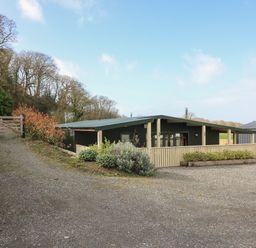 A single story house with a green roof and wooden fence surrounded by trees and gravel driveway at Y Felin - Moana in Borth near Aberystwyth