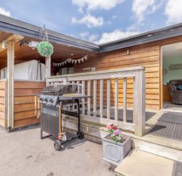 An outdoor wooden deck area with a barbecue grill and a potted plant at Kingfisher Lodge in Brandesburton