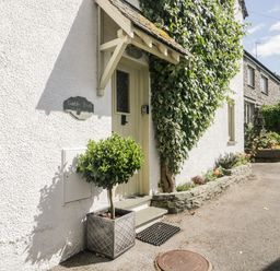 The entrance of a white cottage with a potted plant and ivy on the wall at Gable End in Coniston near Hawkshead
