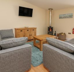 A living room with grey sofas a wooden coffee table a wood-burning stove and a wall-mounted tv at Y Felin - Celyn in Borth