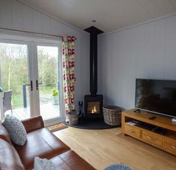 A living room with a leather sofa wood burning stove and television at Crook Lodge in Allithwaite near Grange-over-Sands