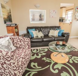 A living room with a patterned armchair a leather sofa and a glass coffee table at Little Gem Lodge Charlesfield near St Boswells