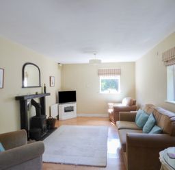 A living room with beige sofas a rug a TV and a wood burning stove at Woodbine Cottage in Old Leighlin near Kilkenny County Kilkenny