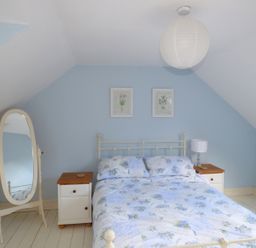 A bedroom with a bed and floral bedding two nightstands a standing mirror and two framed pictures on a blue wall at Woodbine Cottage in Old Leighlin near Kilkenny County Kilkenny
