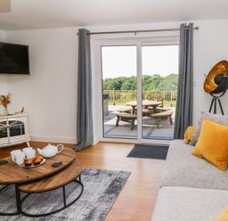 A living room with a sofa a coffee table with teapot and cups a floor lamp and sliding glass door leading to a patio at Pheasant Wood in Howey near Llandrindod Wells