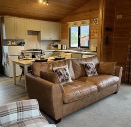 A living room with a kitchen area and dining table at Wildcat Lodge in Newtonmore
