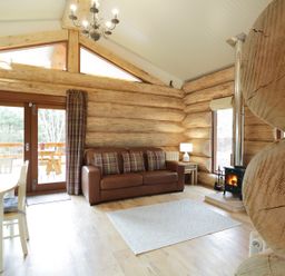 A living room in a log cabin with a brown sofa a wood stove a dining table and chairs wooden walls and a glass door leading outside at Heron Lodge in North Kessock