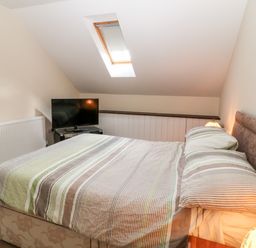 A bedroom with a bed a bedside lamp a television and a skylight window at Honeysuckle Cottage in Ashwater near Holsworthy