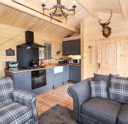 A kitchen with grey cabinets and dining chairs in a wooden room with a mounted deer head at The Shooting Lodge in Longnor