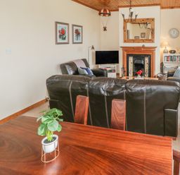 A living room with leather sofas a wooden table with a plant a fireplace and a television at Seaspray in Tully County Galway