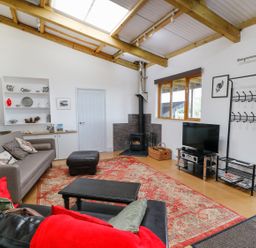 A living room with a sofa television wood stove and shelves at View The Gallery in Okehampton