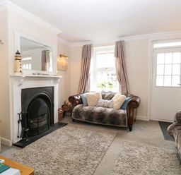 A living room with a fireplace and a television at Fern Cottage in Heacham