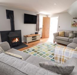 A living room with a wood-burning stove a television two gray sofas and a patterned rug at Delfryn Llannefydd near Denbigh