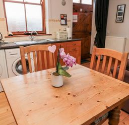 A kitchen with a wooden table and chairs a pink flower in a pot on the table a washing machine and dryer under the counter a window and wooden door in the background at The Old School Room in Longhorsley near Morpeth and Alnwick