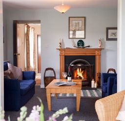 A living room with a lit fireplace two blue sofas a wooden table with wine and glasses at Shepherds Retreat in Gortin