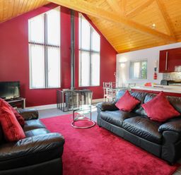 A living room with black leather sofas and red cushions near a glass coffee table and a TV with a red carpet and wooden ceiling at Rookyard Cottage in Holton near Halesworth