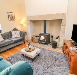 A living room with two sofas a wood burning stove and a television on a cabinet at East Farmhouse Cottage Humshaugh near Hexham