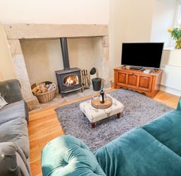 A living room with a fireplace sofa television and flowers on the windowsill at East Farmhouse Cottage in Humshaugh near Hexham