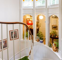 A curved staircase with white railings and green carpet beside windows with plants and framed pictures on the walls at Clooneavin Apartment 8 in Lynmouth near Lynton