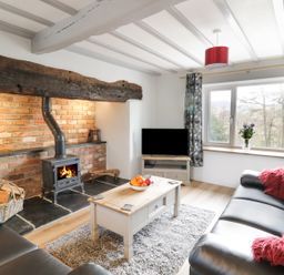 A living room with a wood burning stove coffee table and sofas at Bryndan in Machynlleth