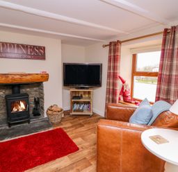 A living room with a fireplace TV and leather armchairs at Bank House in Capel Iwan near Newcastle Emlyn