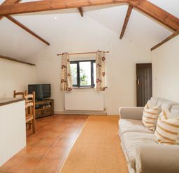 A living room with a sofa and cushions a window with curtains a television on a stand and wooden ceiling beams at Nestling Barn Peter Tavy near Tavistock
