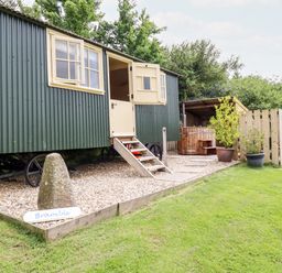 A green metal shepherds hut with cream door and windows on a gravel platform with potted plants and wooden fenced area at Bramble Burlawn near Wadebridge