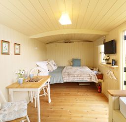 A small room with a bed a table with two chairs and a wall-mounted TV at Willow Burlawn near Wadebridge