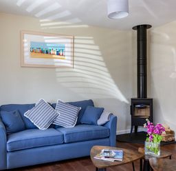 A living room with a blue sofa striped cushions a wood burning stove a small table with flowers and magazines and a framed picture on the wall at Rocky Close in St Ives