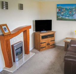 A living room with a fireplace wooden TV stand leather sofa and flowers on a table at The Dovecote in Hartland