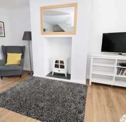 A living room with a grey armchair with a yellow cushion a floor lamp a mirror a white electric fireplace a television on a white cabinet and a black and white rug at Sunnie Cottage in Seahouses