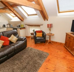 A living space with a brown leather sofa and armchair with cushions under skylights next to a wooden cabinet with a TV at Y Cartws in Nevern near Cardigan