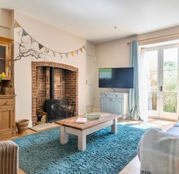 A living room with a wood stove and a television at East Wing in Crewkerne