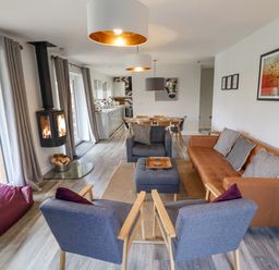A living room with chairs sofa a bean bag and a wood burning stove at Lily-pad Lodge in Thorpe-on-the-Hill
