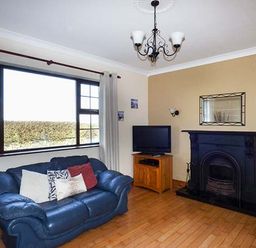 A living room with a blue couch a wooden floor a black fireplace a TV on a wooden stand and large window at Flynns Cottage in Quilty County Clare