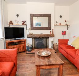 A living room with two red sofas a wooden coffee table a fireplace a television and shelves with decorative items at Carrstone Cottage in Heacham