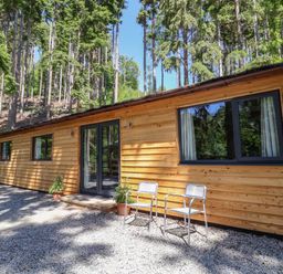 A wooden cabin exterior with glass doors two metal chairs and surrounding forest at Lady Bagots Cabin in Ruthin