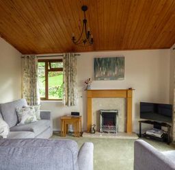 A living room with gray sofas a fireplace a television and floral curtains at South Lodge in Kendal