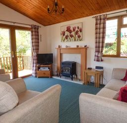 A living room with beige sofas a wood stove a television and plaid curtains at North Lodge in Kendal