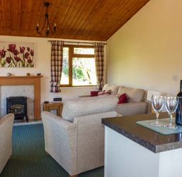 A living room with beige sofas a fireplace and a kitchen counter with wine glasses and a bottle at North Lodge in Kendal
