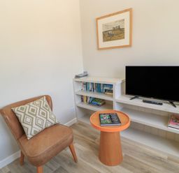 A living room with a chair, television, and bookshelf at The Apple Shed, Motcombe