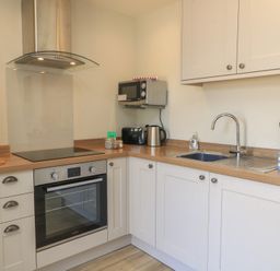 A kitchen with an oven, cooktop, microwave, and sink at The Apple Shed, Motcombe
