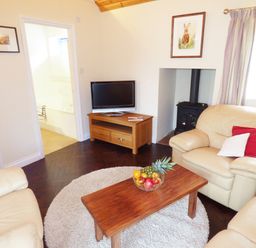 A living room with beige sofas wooden coffee table with fruit bowl wood stove and television at The Packing House in Hanley Castle near Malvern