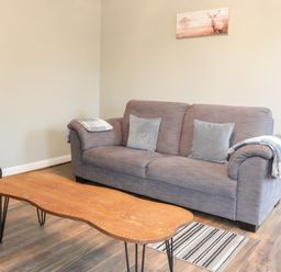 A living room with a gray sofa a wooden coffee table a striped rug and wall art at Victoria Cottage in Norham